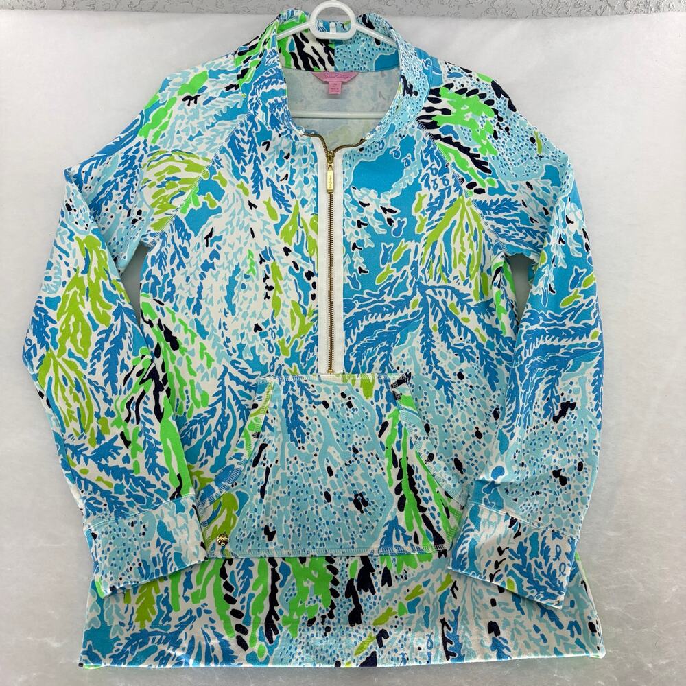 Lilly Pulitzer Half Zip Pullover Top Size M Blue Green Coral Reef Print